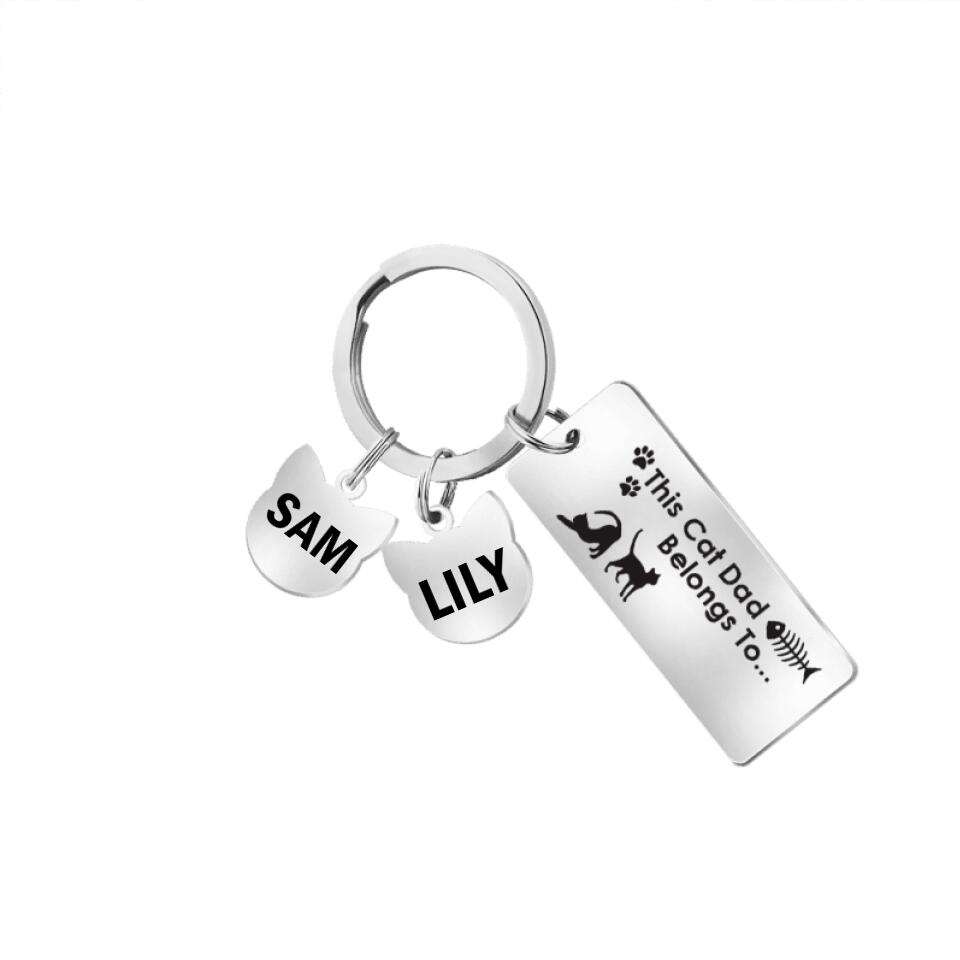 Personalized This Cat Dad Belongs To Engraved Keychain