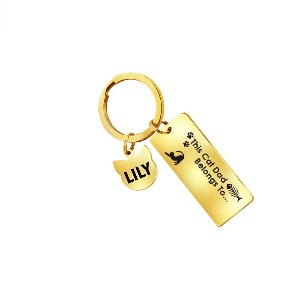 Personalized This Cat Dad Belongs To Engraved Keychain