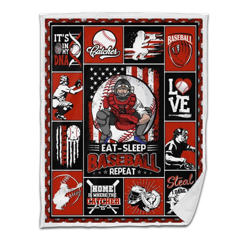 Baseball Sherpa Blanket Catcher Catching Eat Sleep Baseball Repeat Personalized Gift Red Version 01