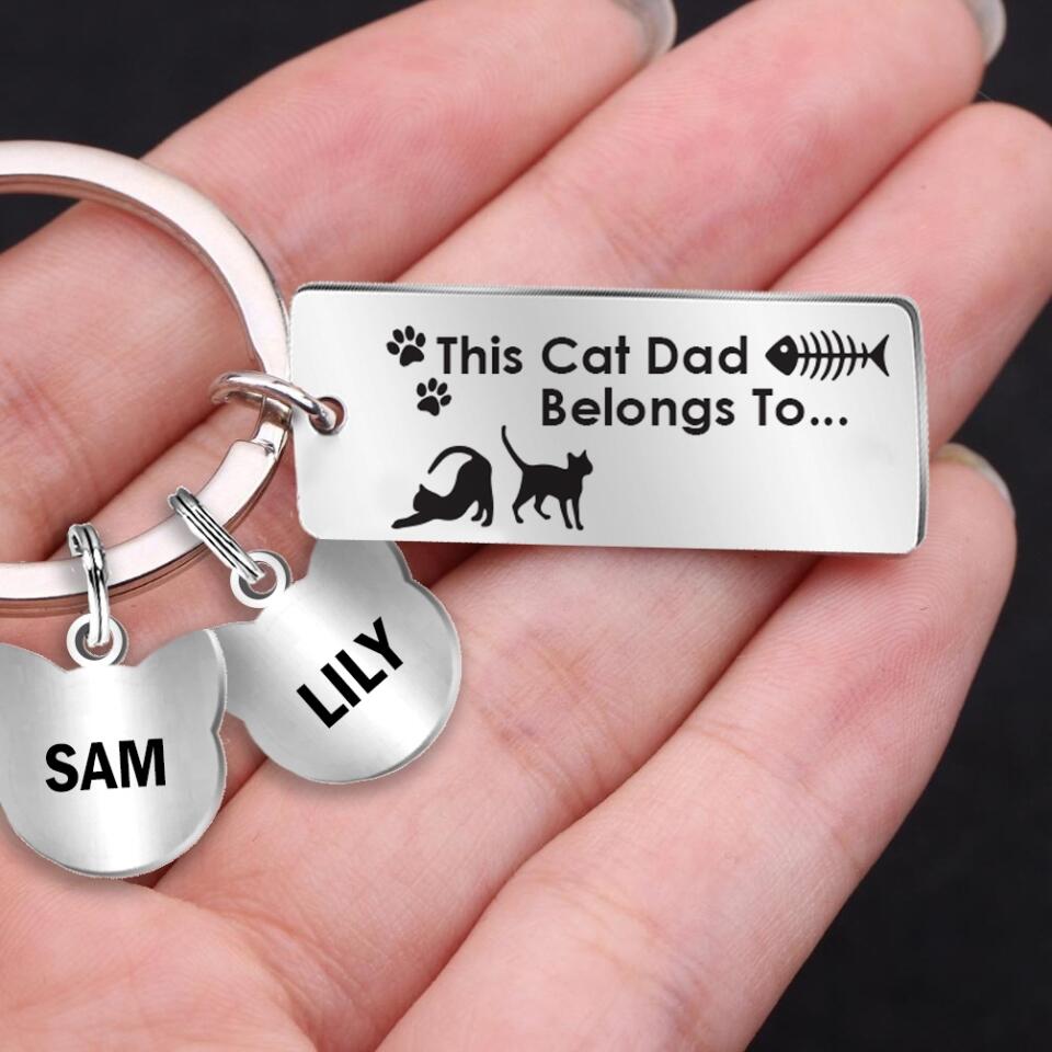 Personalized This Cat Dad Belongs To Engraved Keychain