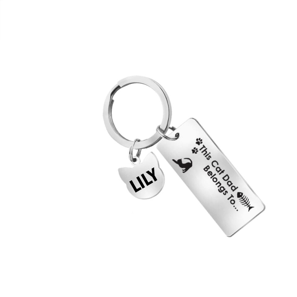 Personalized This Cat Dad Belongs To Engraved Keychain