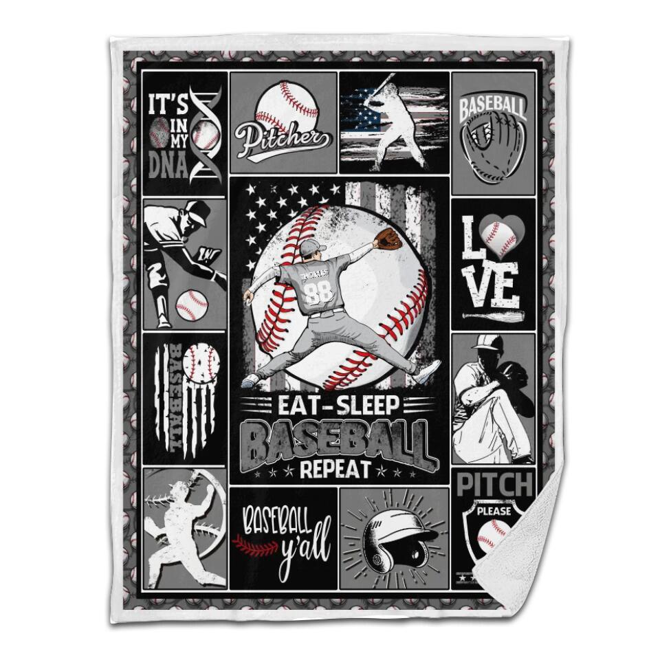 Baseball Sherpa Blanket Pitcher Throwing Eat Sleep Baseball Repeat Personalized Gift Gray Version