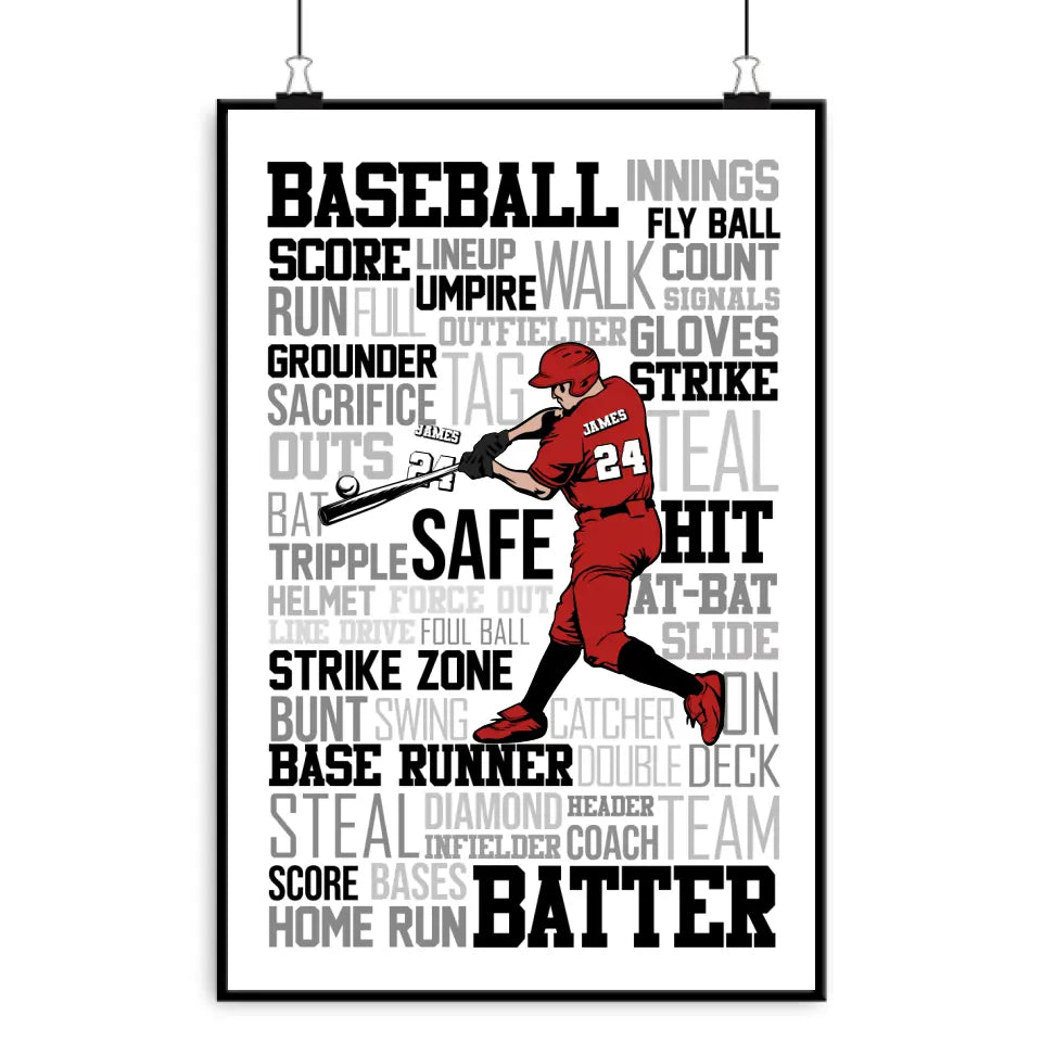 Baseball Batter Swinging Words Poster Personalized Gift