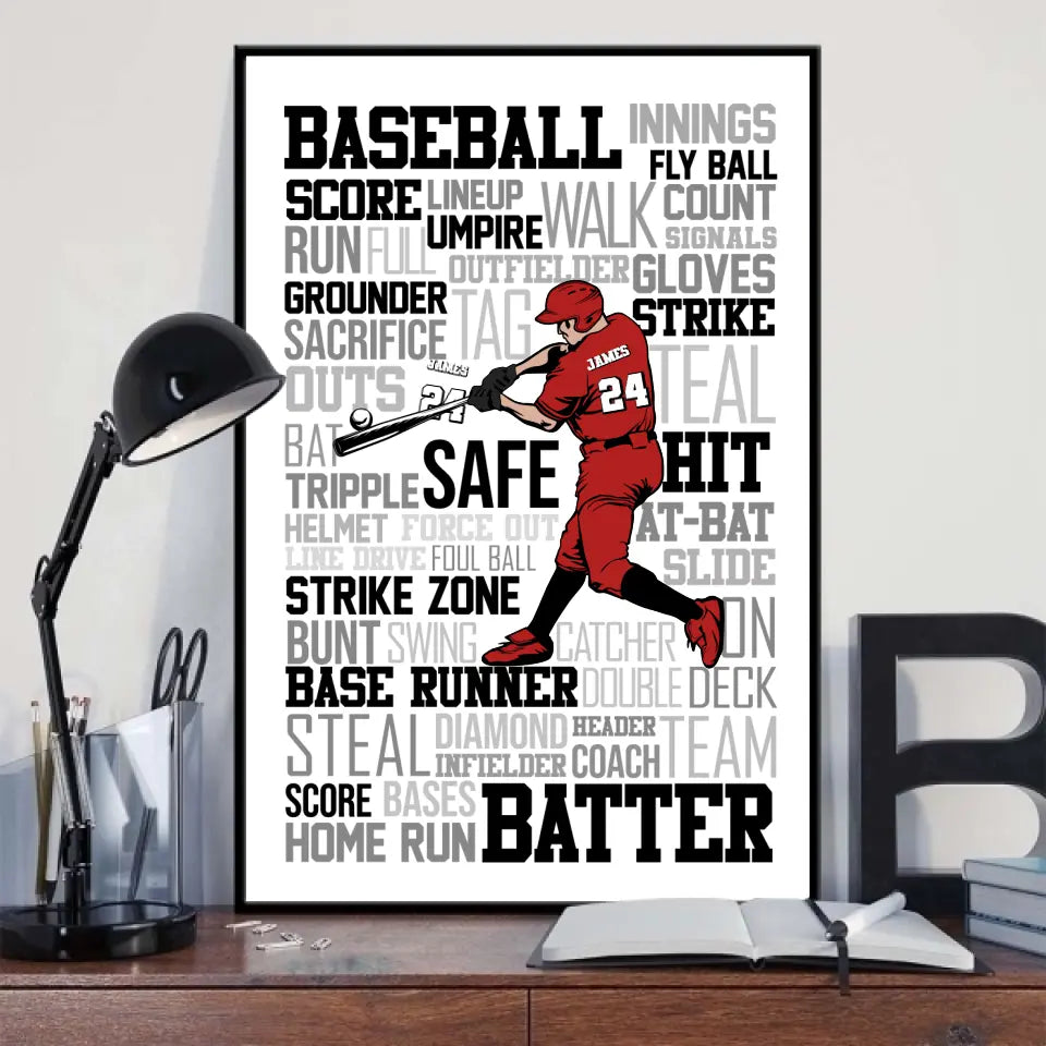 Baseball Batter Swinging Words Poster Personalized Gift