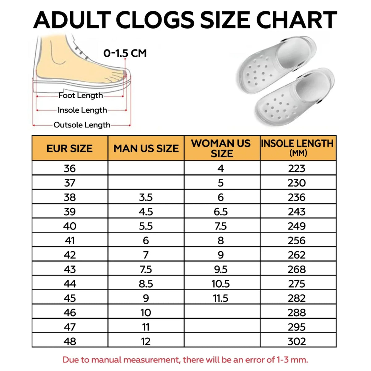 Adult Clogs Size Chart