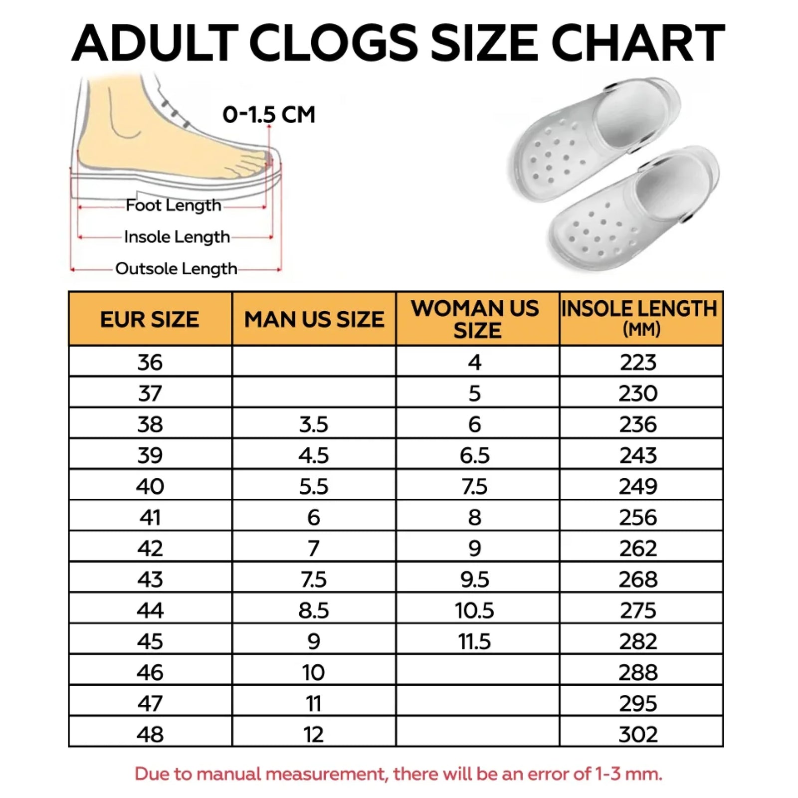 Adult Clogs Size Chart
